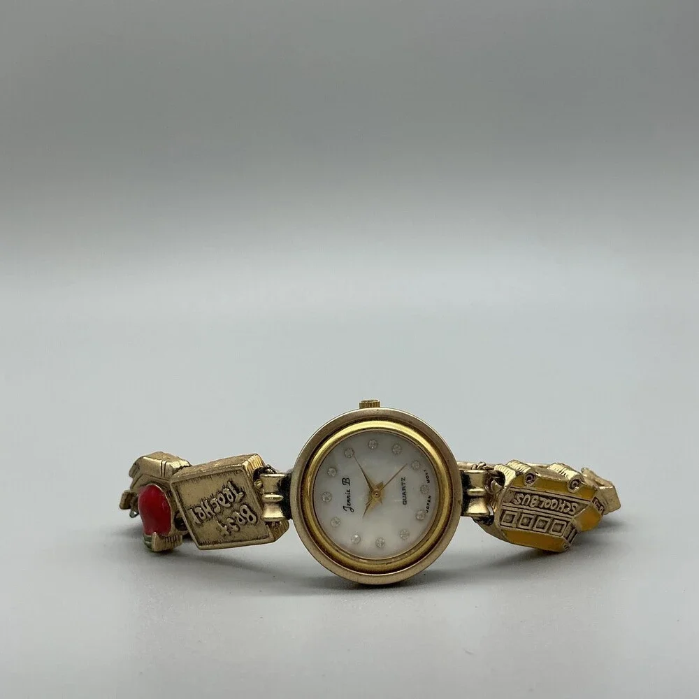 Jennie B Womens Watch 24mm School Gold Tone Teacher Charm New Battery 7.5